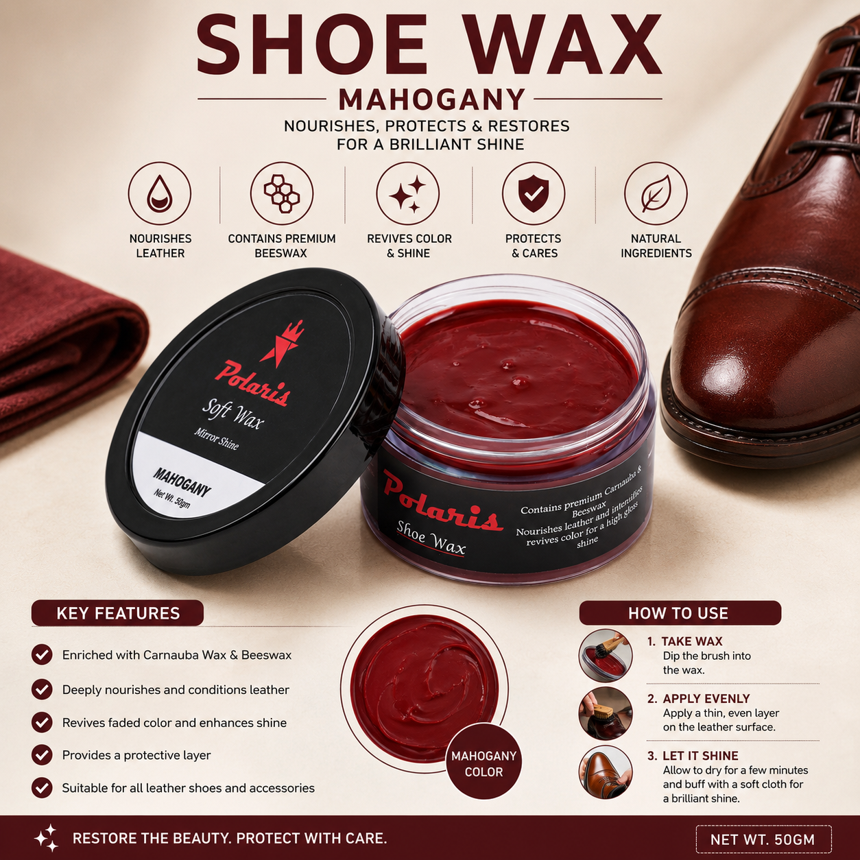 Leather Shoe Polish/Wax - Mahogany (55 gm)