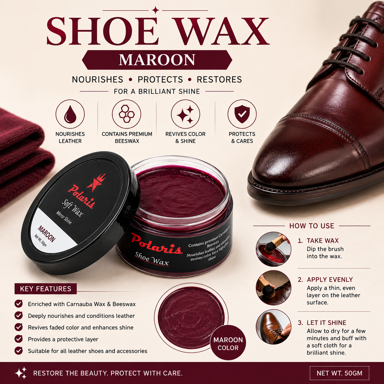 Leather Shoe Polish/Wax - Maroon (55 gm)