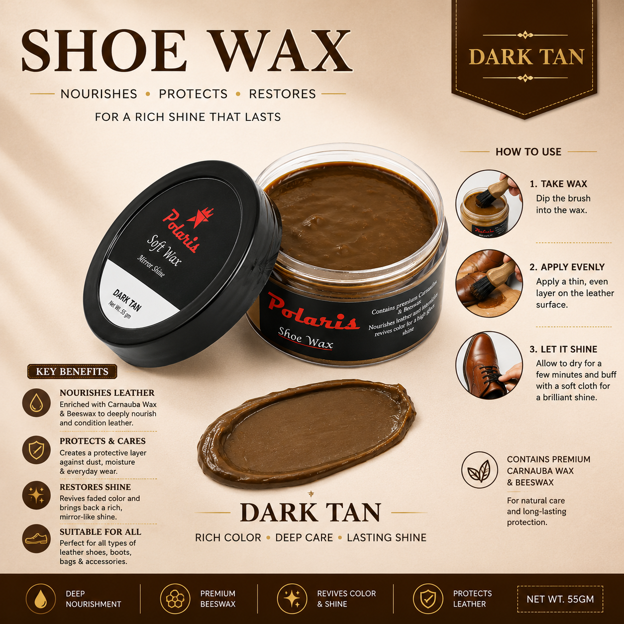 Leather Shoe Polish/Wax - Dark Tan (55 gm)