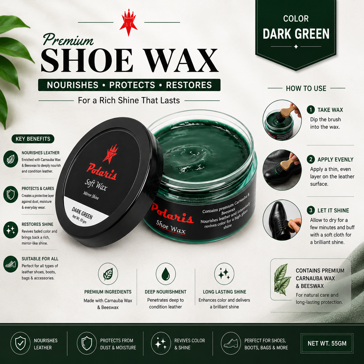 Leather Shoe Polish/Wax - Dark Green (55 gm)