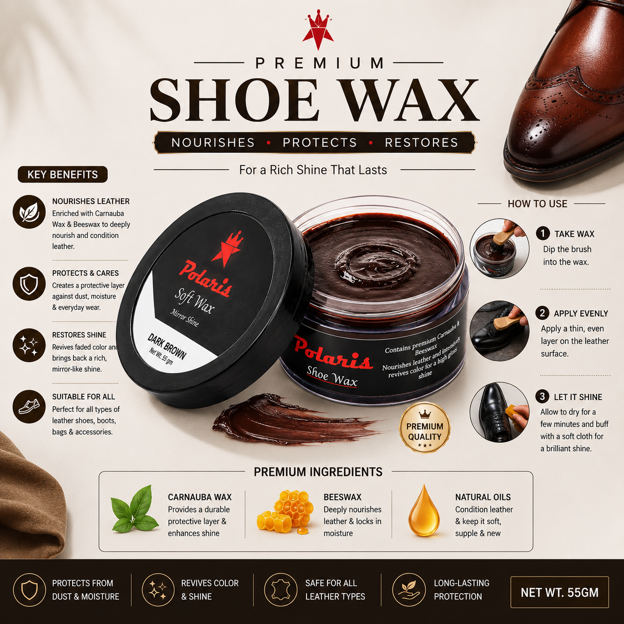 Leather Shoe Polish/Wax - Dark Brown (55 gm)
