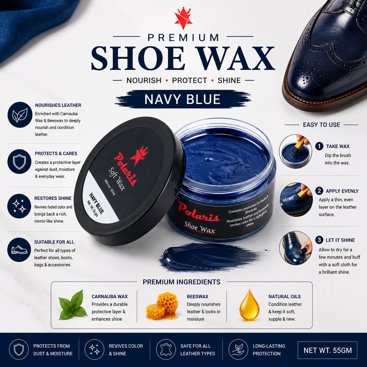 Leather Shoe Polish/Wax - Navy Blue (55 gm)