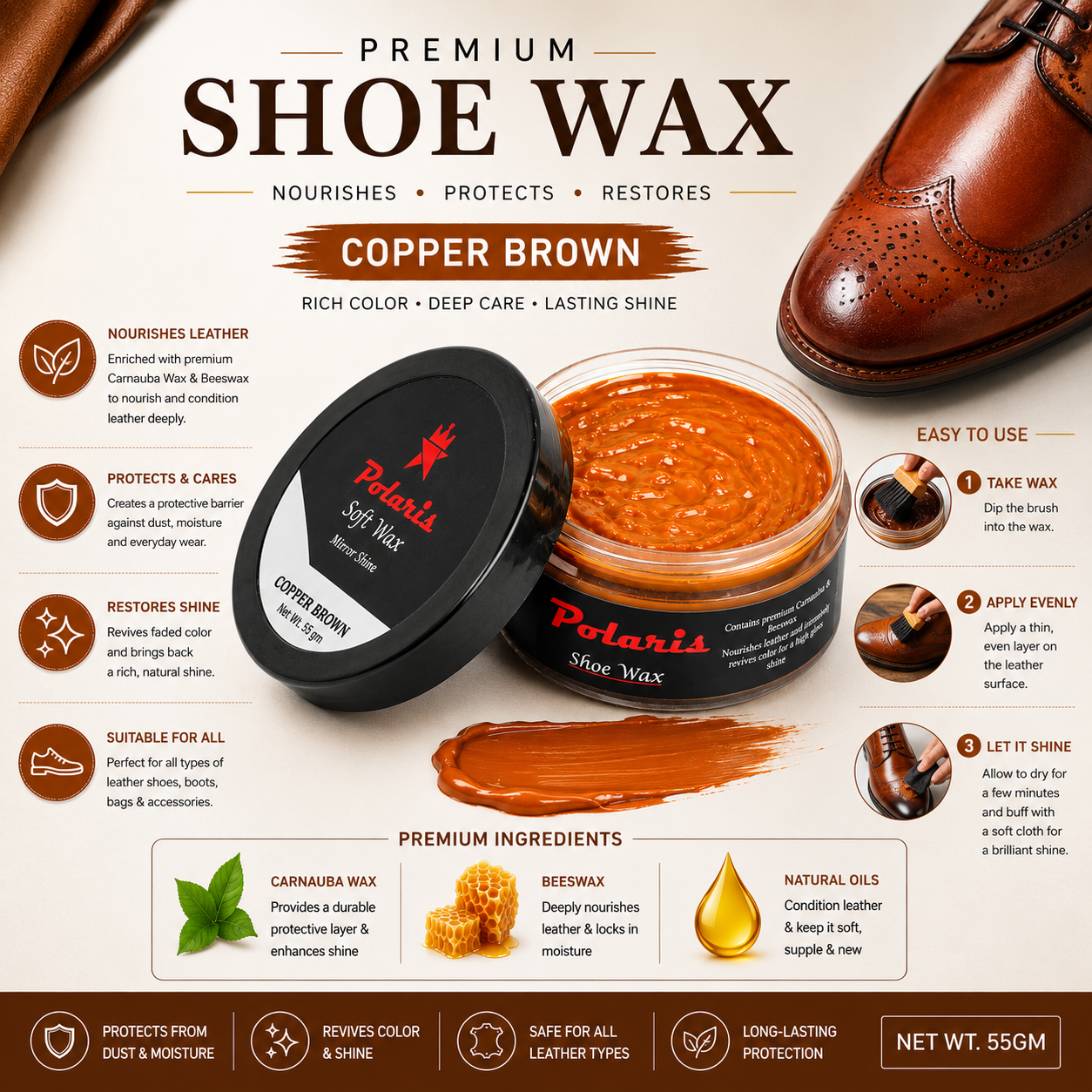 Leather Shoe Polish/Wax - Copper Brown (55 gm)