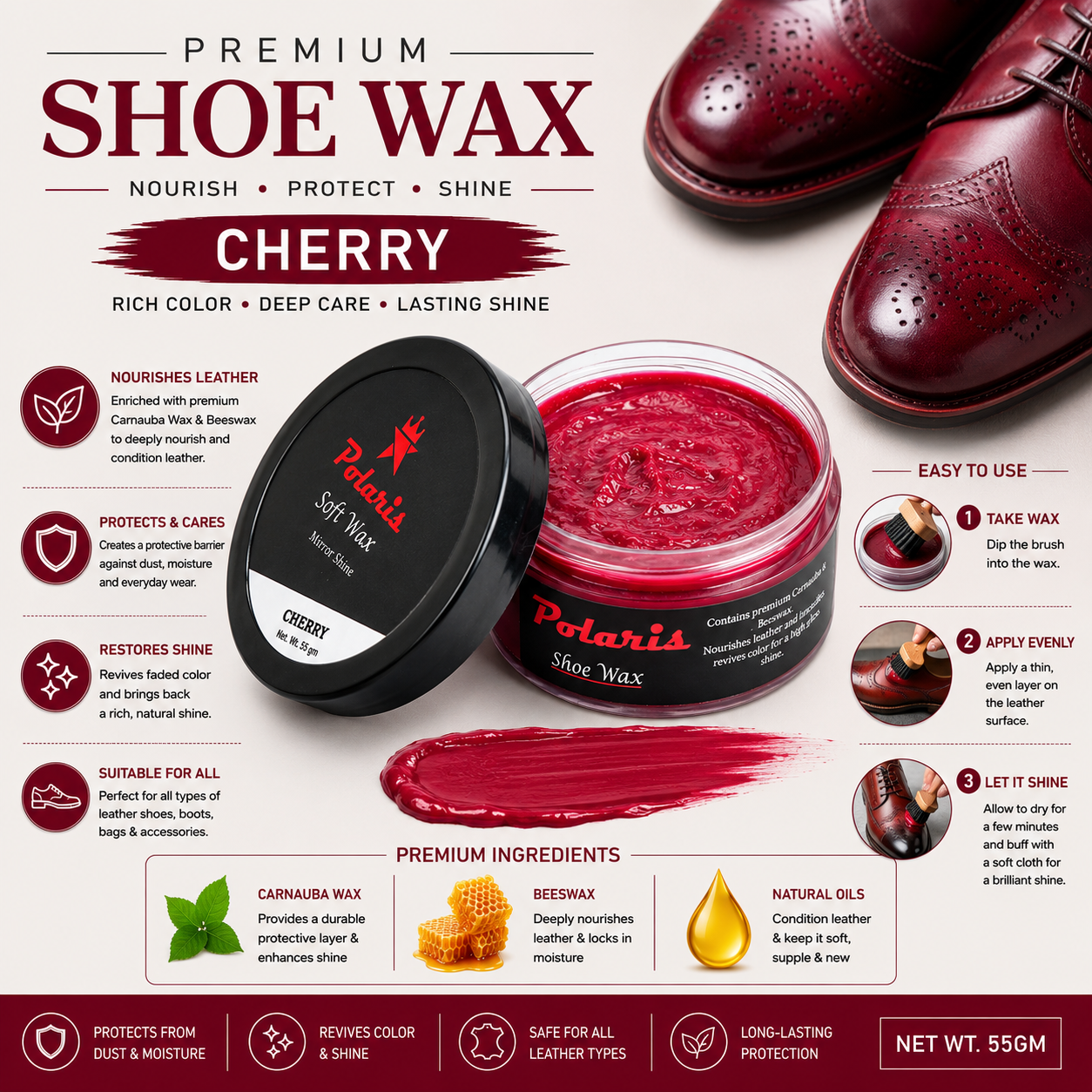 Leather Shoe Polish/Wax - Cherry (55 gm)