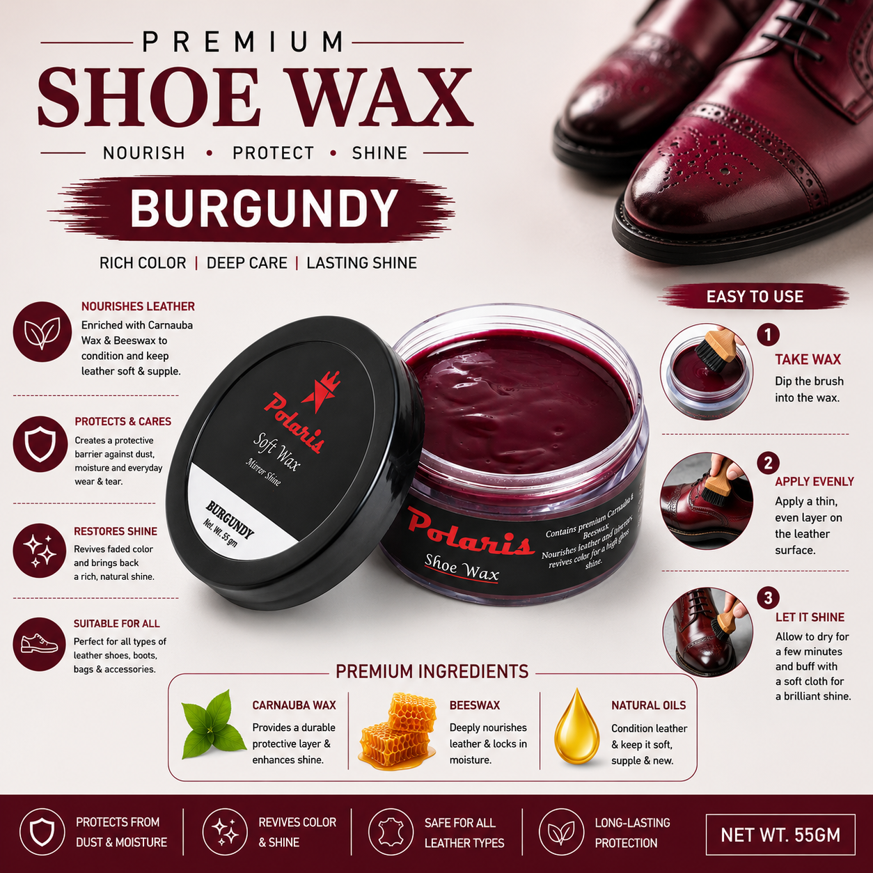 Leather Shoe Polish/Wax - Burgundy (55 gm)