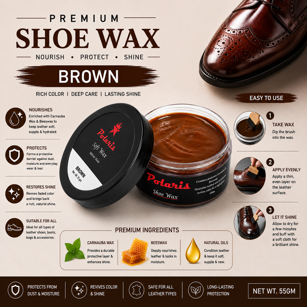 Leather Shoe Polish/Wax - Brown (55 gm)