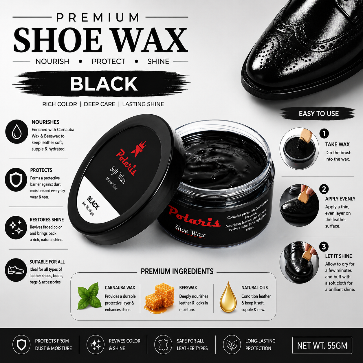 Leather Shoe Polish/Wax - Black  (55 gm) POLARIS